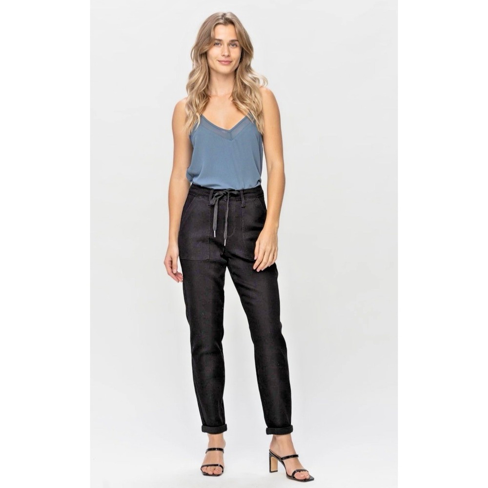 Judy Blue Women 1/25 High Waist Jet Black Double Roll Cuff Jogger Denim Jeans